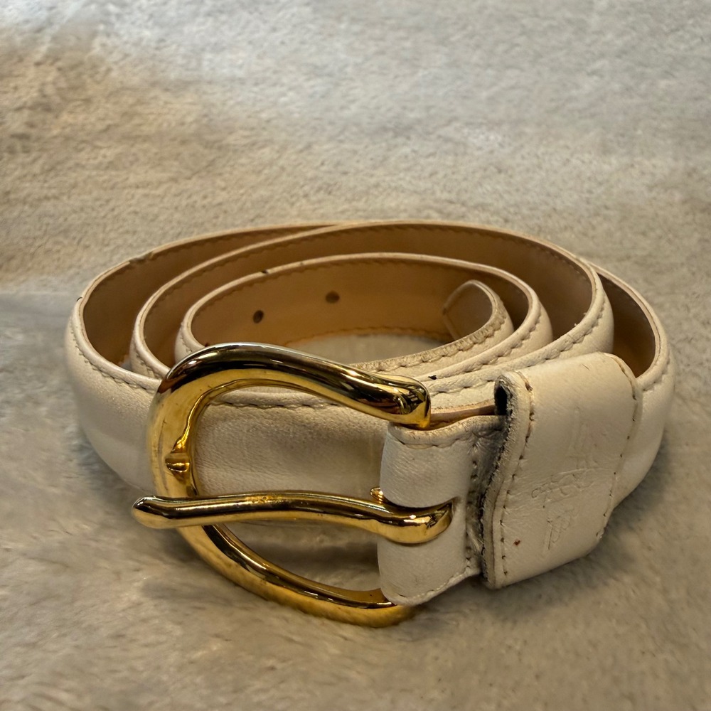 Vintage White Leather Dockers Belt Gold Horseshoe Buckle Made in USA 30-34 Large